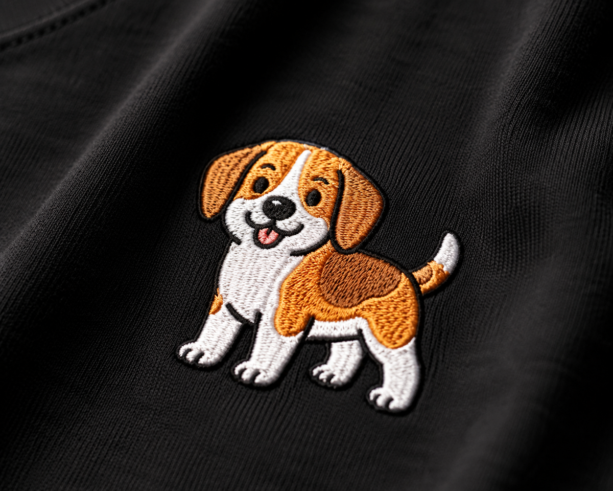 Beagle Embroidered Tee worn by a model, front view