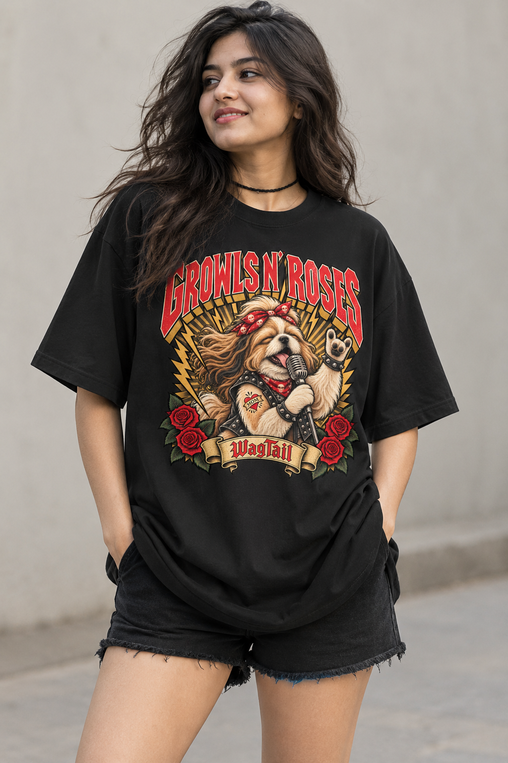 Shih Tzu Growls N' Roses Oversized T-Shirt