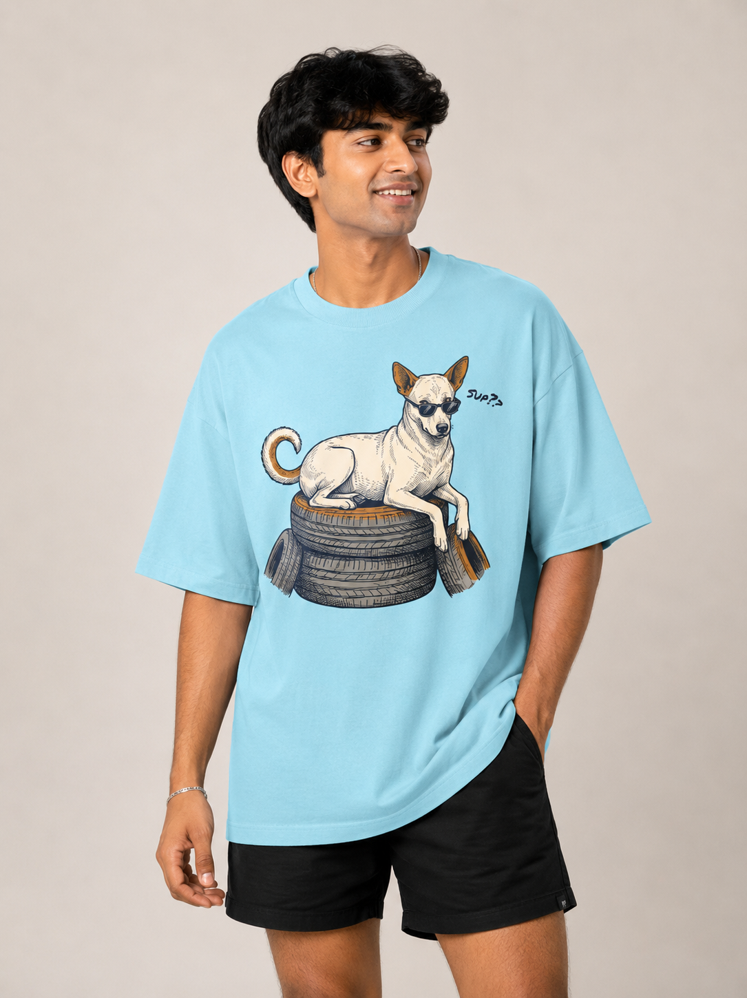 Street Smart Society Indie Dog Oversized Tee close-up of the graphic print