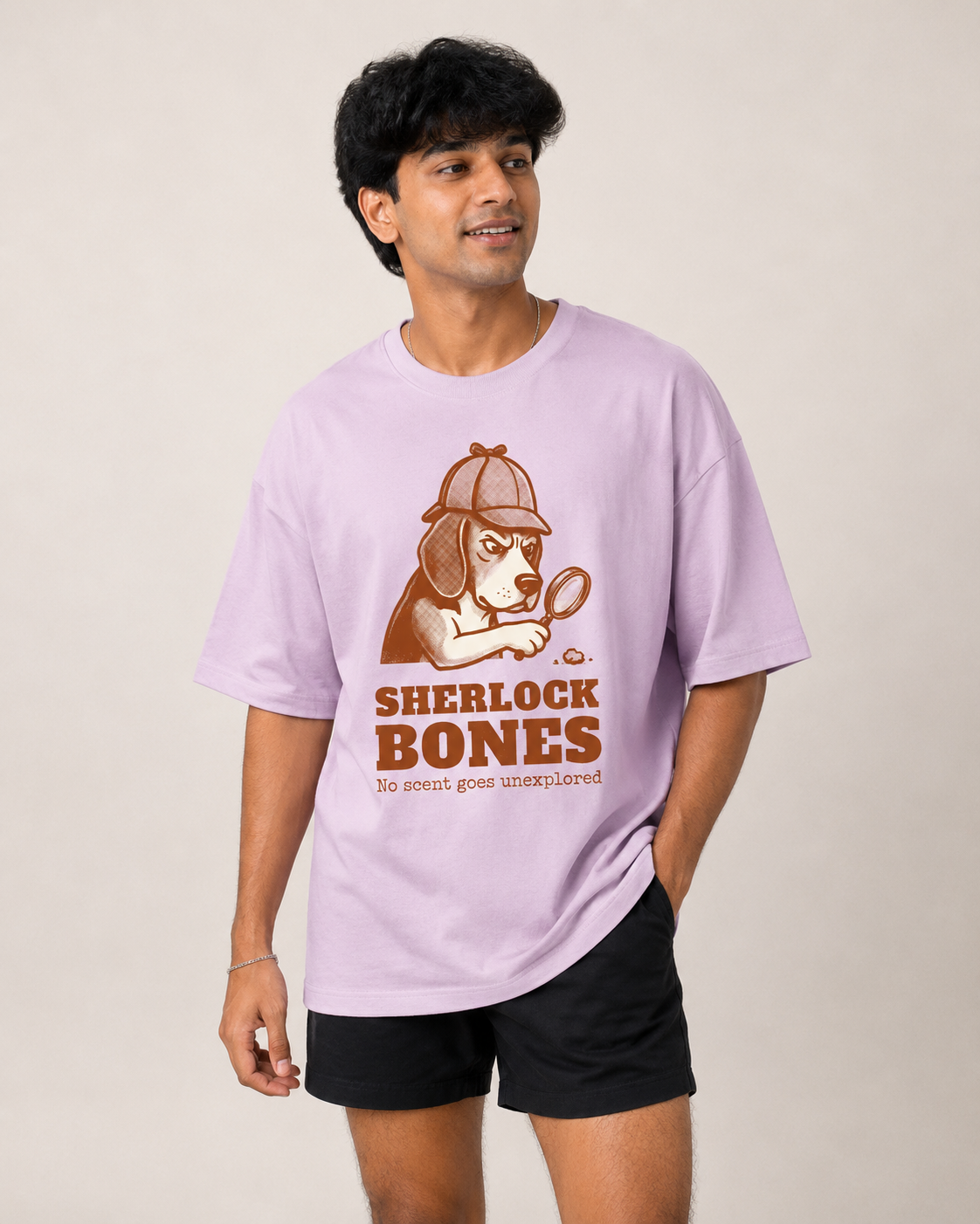 Sherlock Bones Beagle Oversized Tee close-up of the graphic print