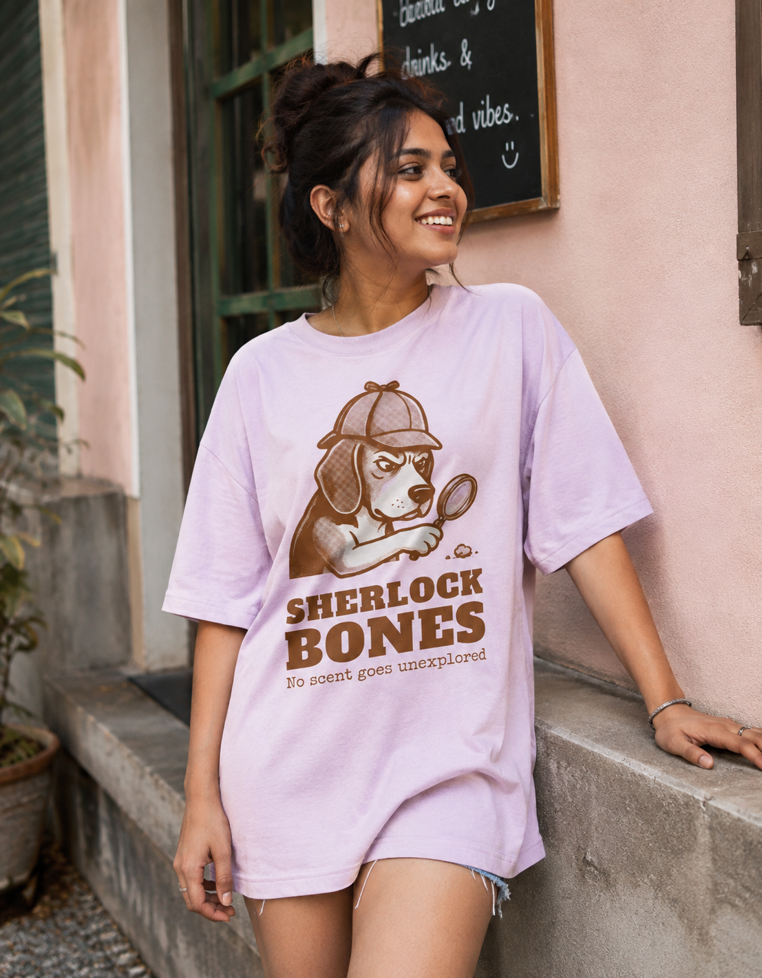 Sherlock Bones Beagle Oversized Tee worn by a model, front view
