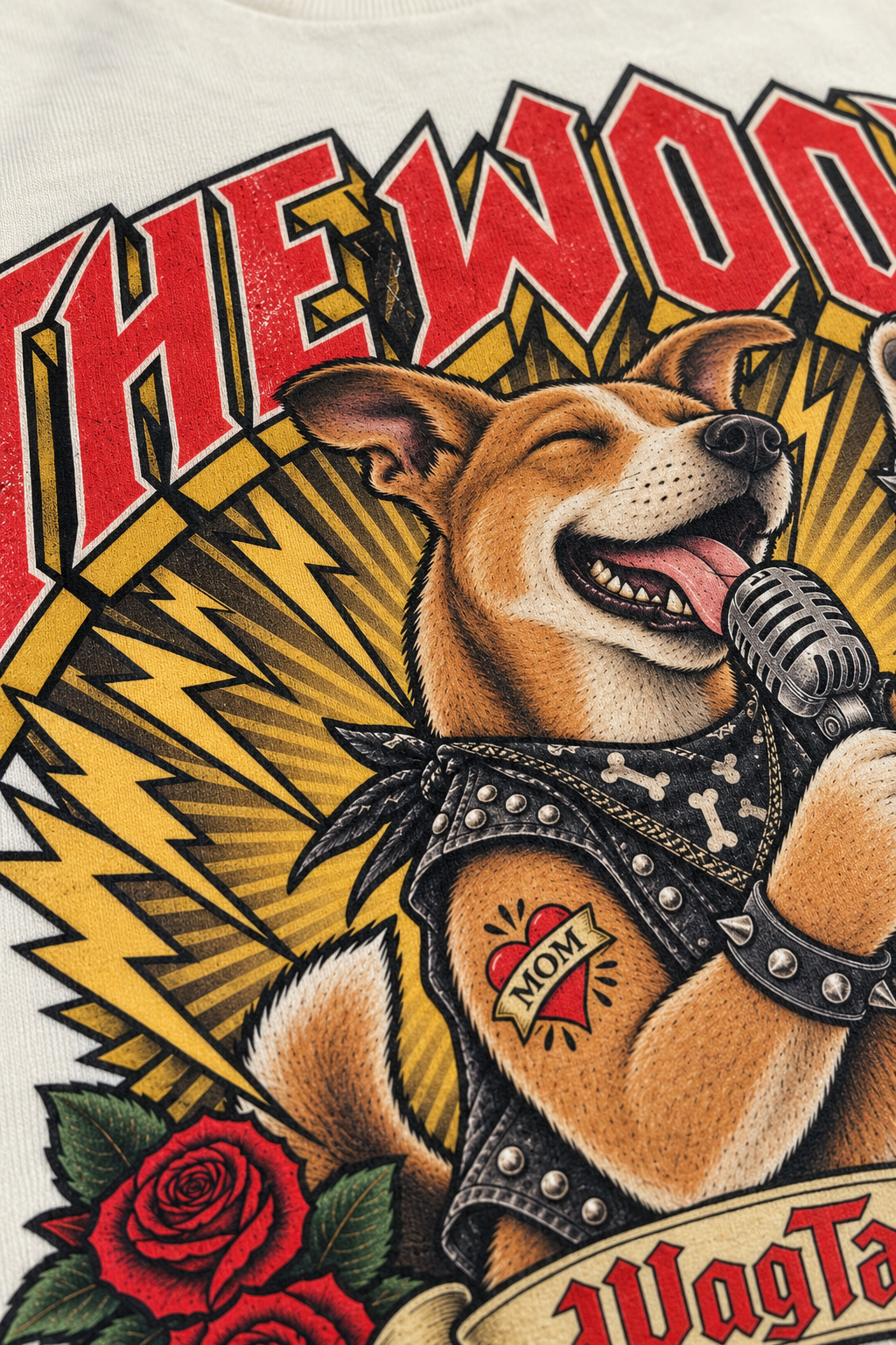 Indie | The Woofs Oversized T-Shirt - alternate color, close-up of print detail