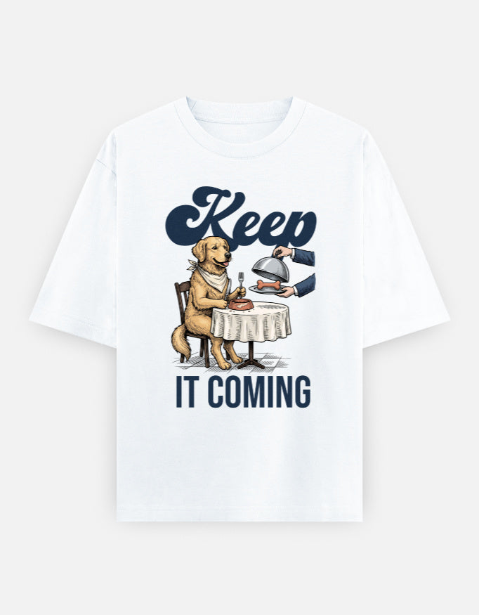 Keep It Coming Golden Retriever Oversized Tee worn by a model outdoors