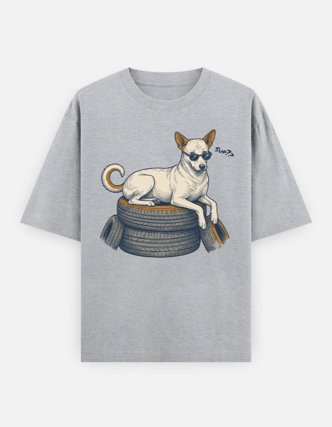 Street Smart Society Indie Dog Oversized Tee fabric and print detail shot