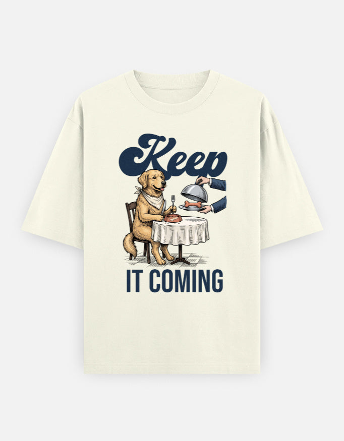 Keep It Coming Golden Retriever Oversized Tee worn by a model, front view
