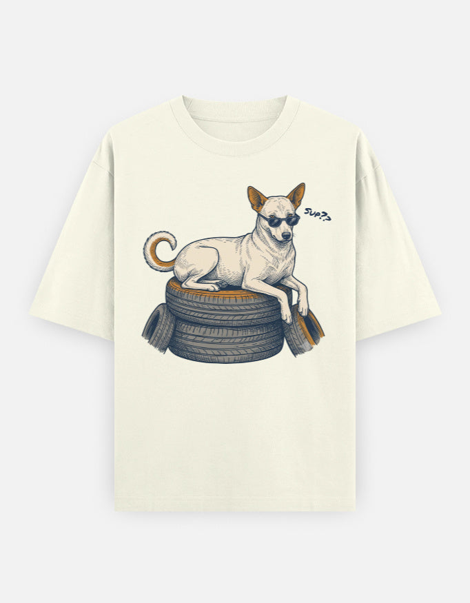 Street Smart Society Indie Dog Oversized Tee styled on a model, casual outfit