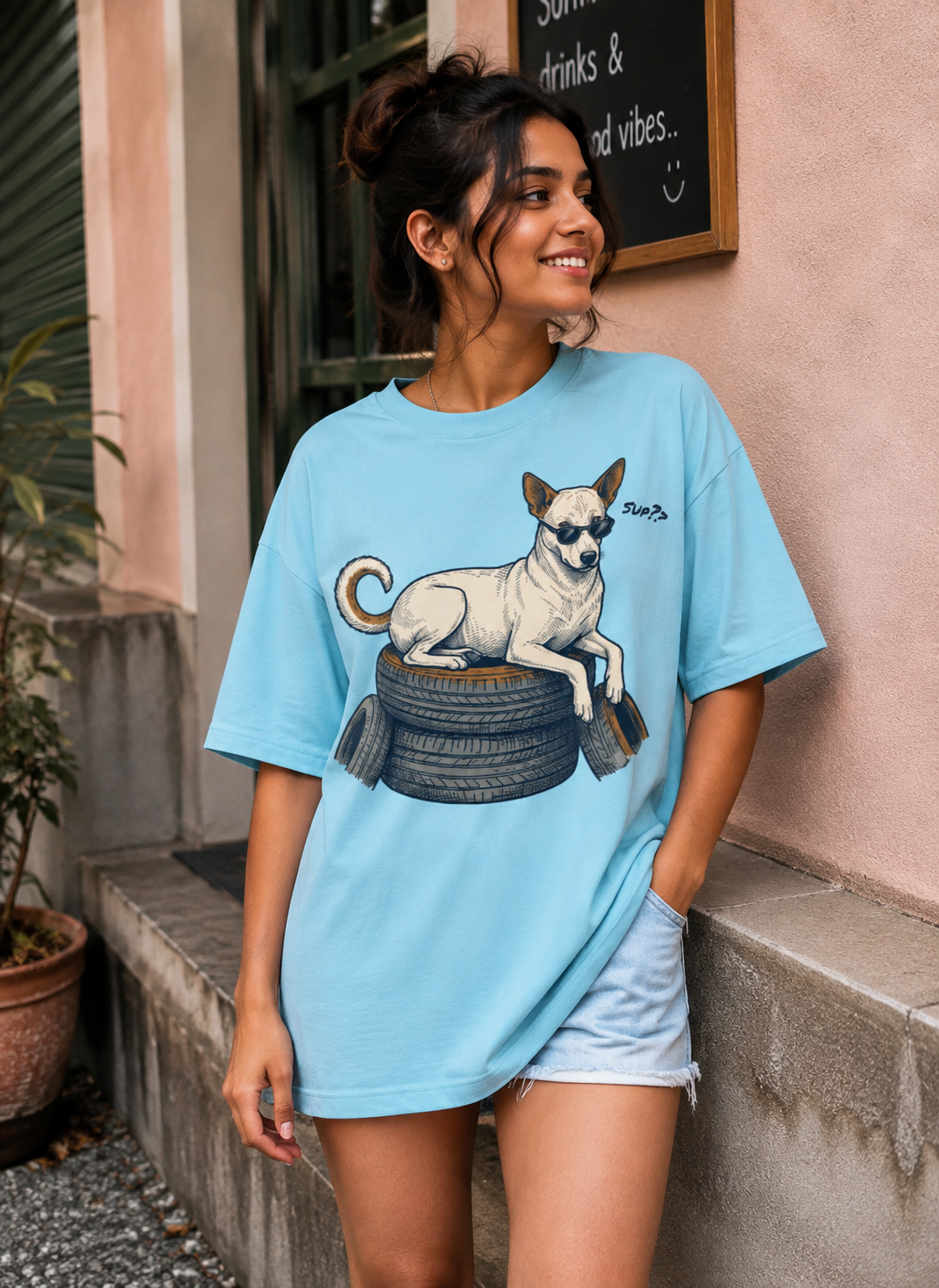 Street Smart Society Indie Dog Oversized Tee worn by a model, front view