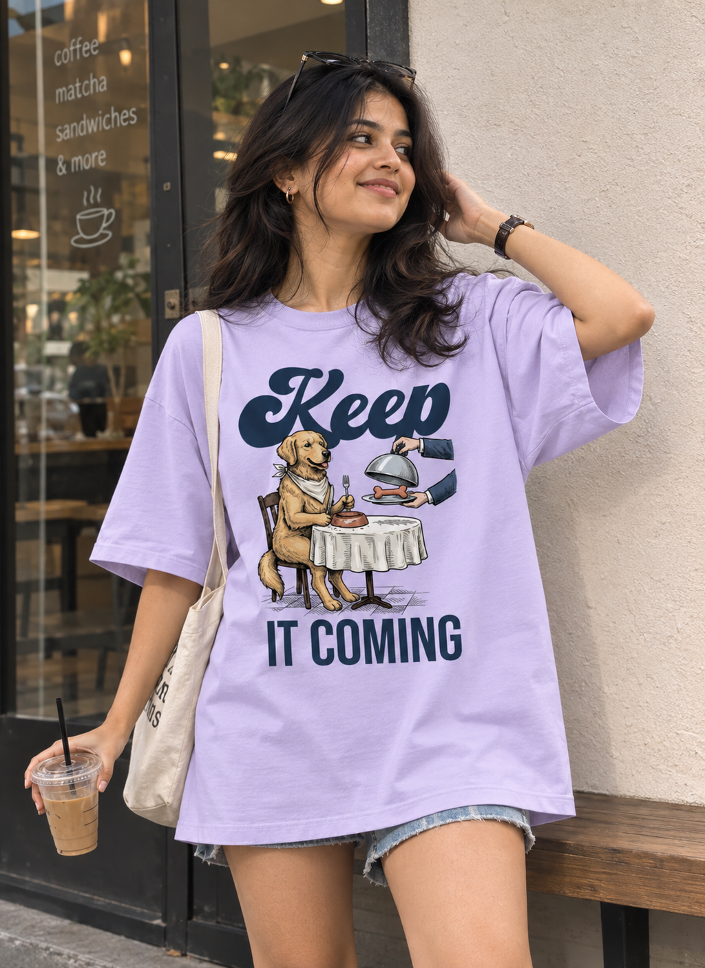 Keep It Coming Golden Retriever Oversized Tee worn by a model, front view