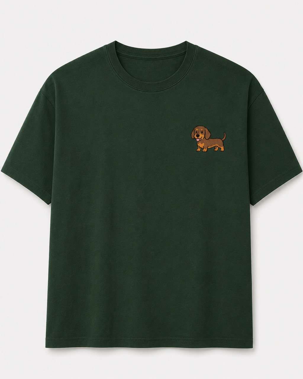 Dachshund Embroidered Tee worn by a model outdoors