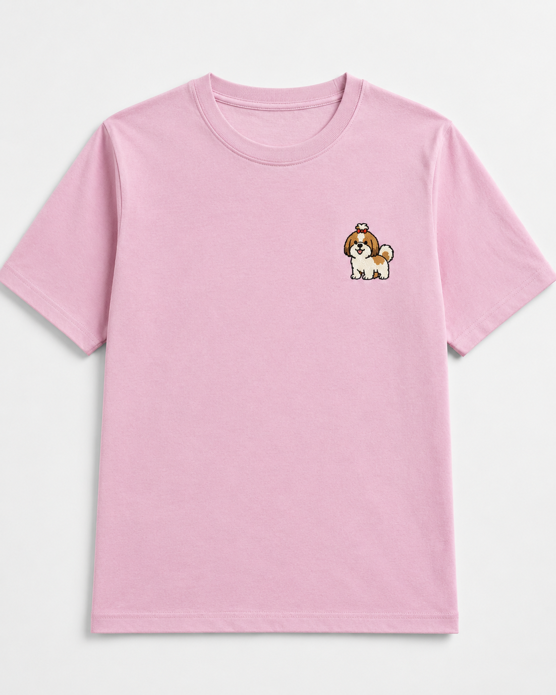 Shih Tzu Embroidered Tee styled on a model, casual outfit