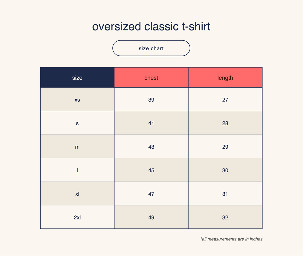 A size chart graphic for an oversized classic t-shirt, showing measurements in inches for sizes xs through 2xl, with columns for chest and length on a light beige background.