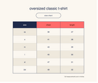 A size chart graphic for an oversized classic t-shirt, showing measurements in inches for sizes xs through 2xl, with columns for chest and length on a light beige background.