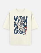 An off-white short-sleeve t-shirt featuring a graphic print of a dachshund wearing a tank top with the text 'YOU WANG G' in dark blue and red.