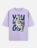 A light purple short-sleeve t-shirt with a graphic of a dachshund wearing a white tank top and red shorts, set against the text 'YOU WIN A GO'.